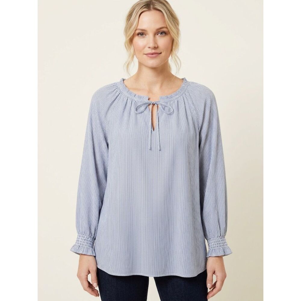 LOFT Plus Blue Striped Tie Neck Women's 18 Long Sleeve Ruffle Cuff Peplum Blouse